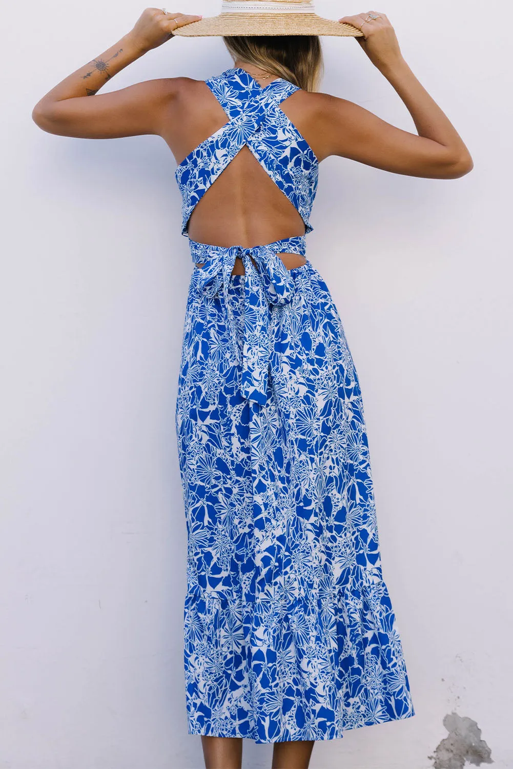 Blue Floral Print Smocked Criss Cross Tie Back Midi Dress