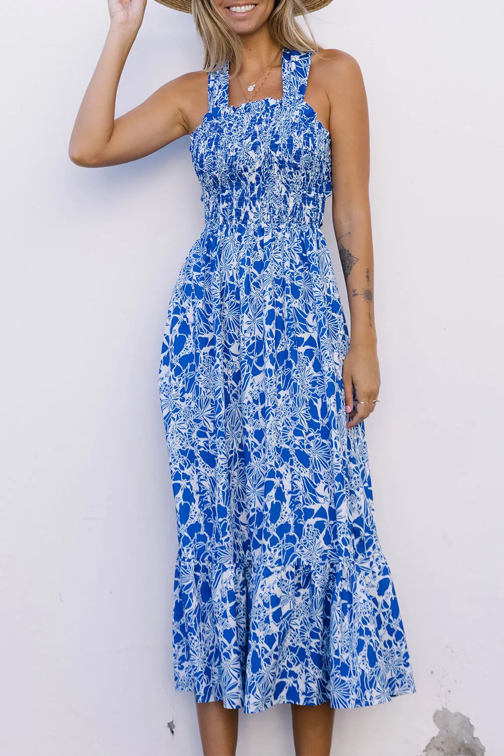 Blue Floral Print Smocked Criss Cross Tie Back Midi Dress