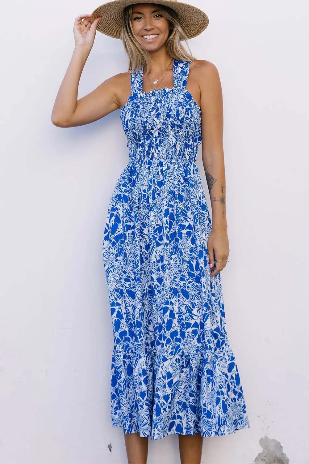 Blue Floral Print Smocked Criss Cross Tie Back Midi Dress