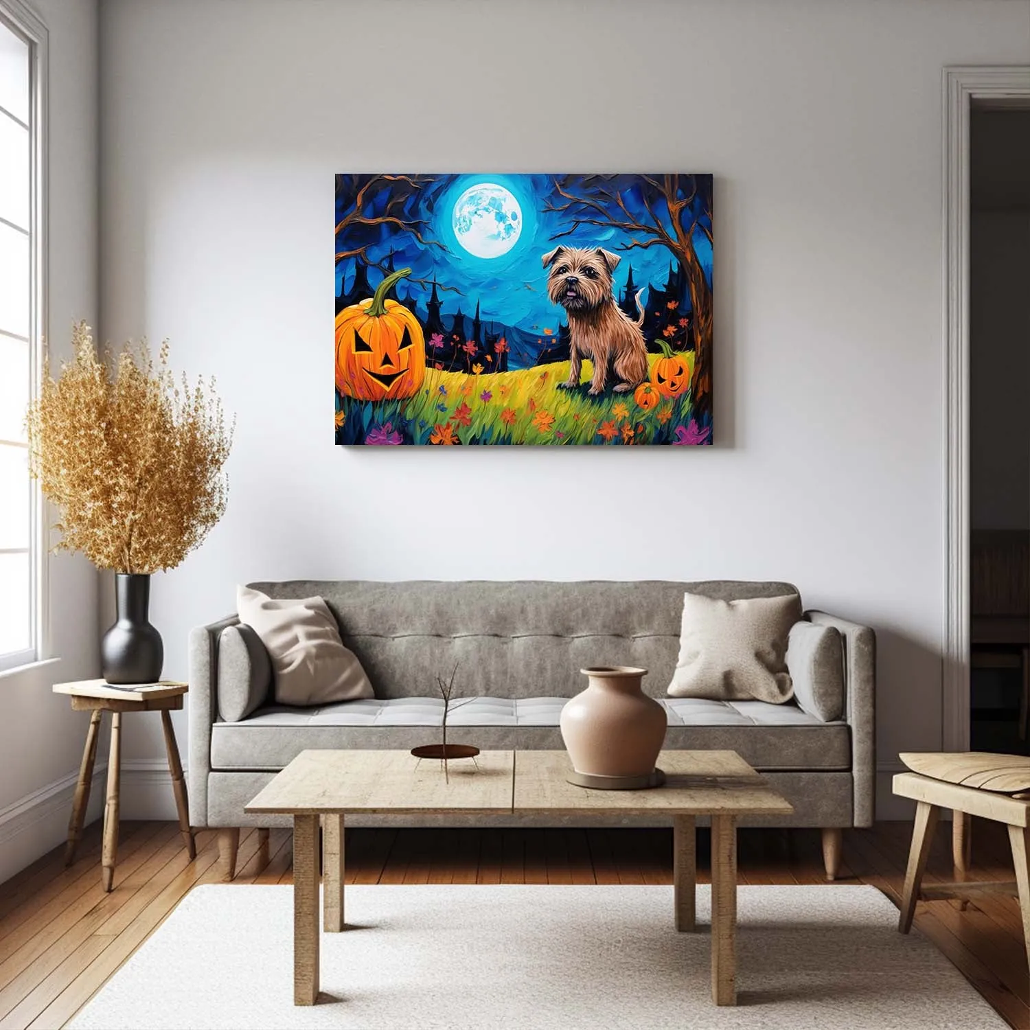 Border Terriers Dog Halloween With Pumpkin Oil Painting Van Goh Style, Wooden Canvas Prints Wall Art Painting , Canvas 3d Art