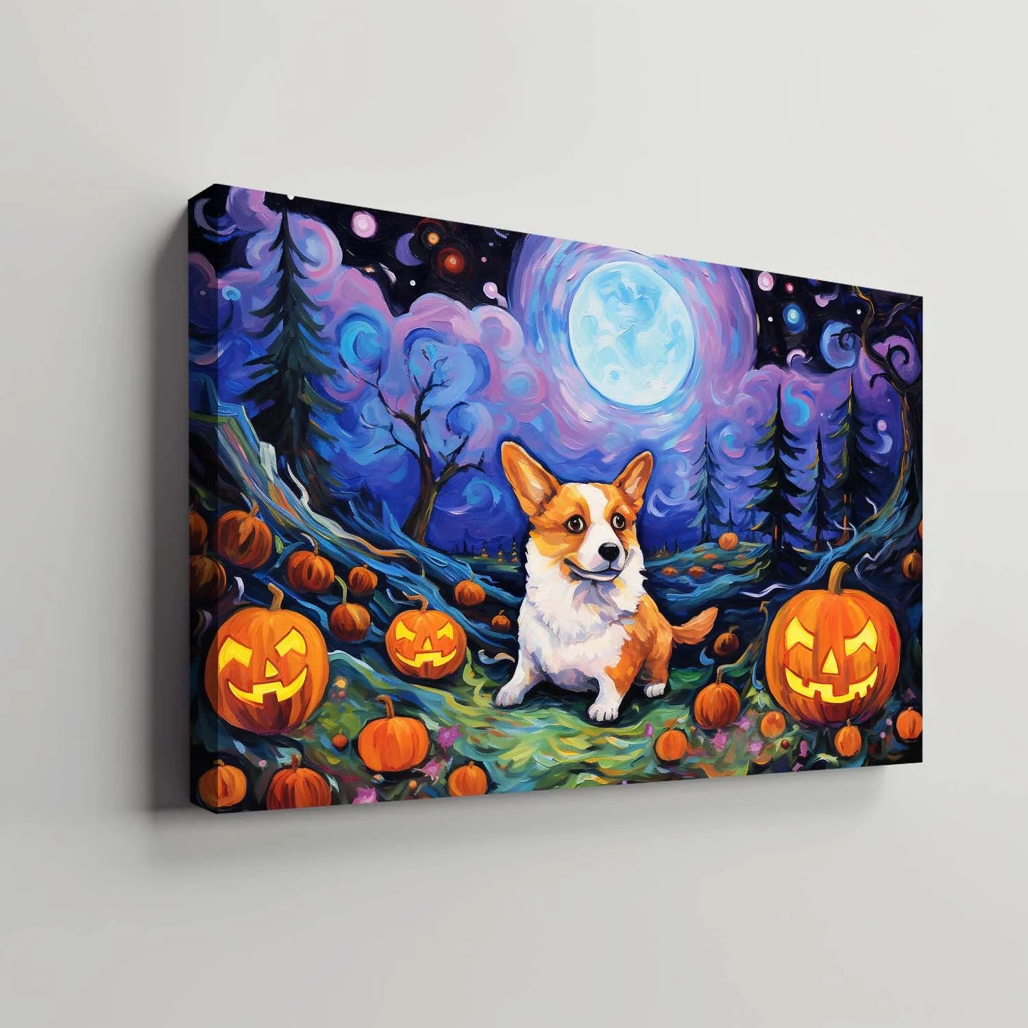 Cardigan Welsh Corgis Dog 02 Halloween With Pumpkin Oil Painting Van Goh Style, Wooden Canvas Prints Wall Art Painting , Canvas 3d Art