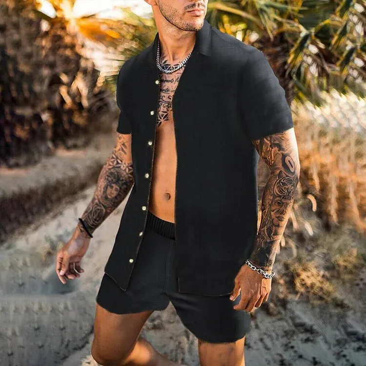 Casual Black Shirt And Shorts Set 2407004938