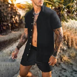 Casual Black Shirt And Shorts Set 2407004938