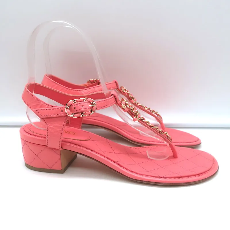 Chanel CC Chain Link T-Strap Sandals Pink Quilted Leather Size 36 NEW