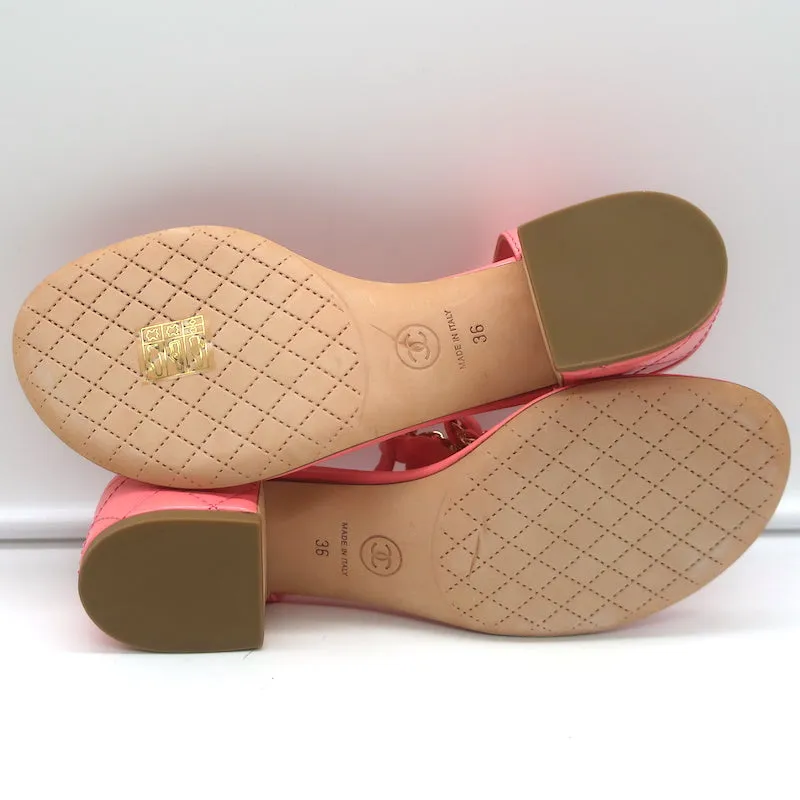 Chanel CC Chain Link T-Strap Sandals Pink Quilted Leather Size 36 NEW