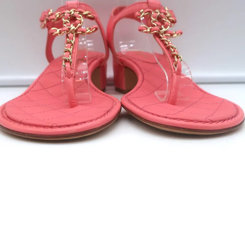 Chanel CC Chain Link T-Strap Sandals Pink Quilted Leather Size 36 NEW