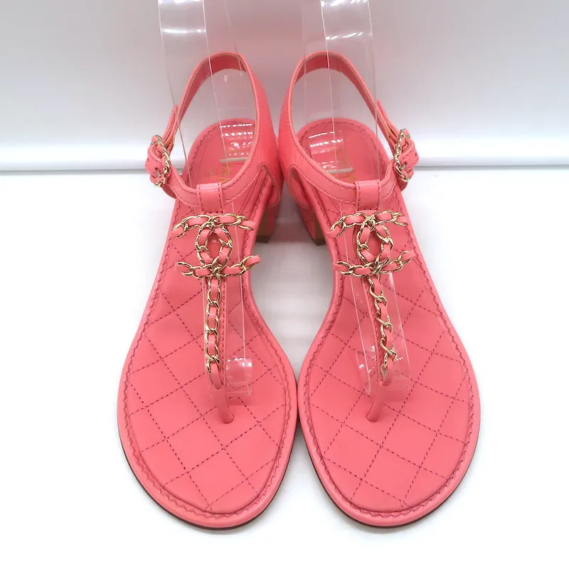Chanel CC Chain Link T-Strap Sandals Pink Quilted Leather Size 36 NEW