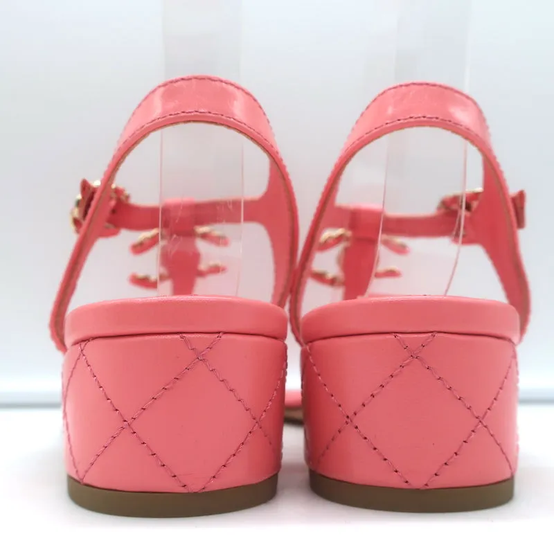 Chanel CC Chain Link T-Strap Sandals Pink Quilted Leather Size 36 NEW