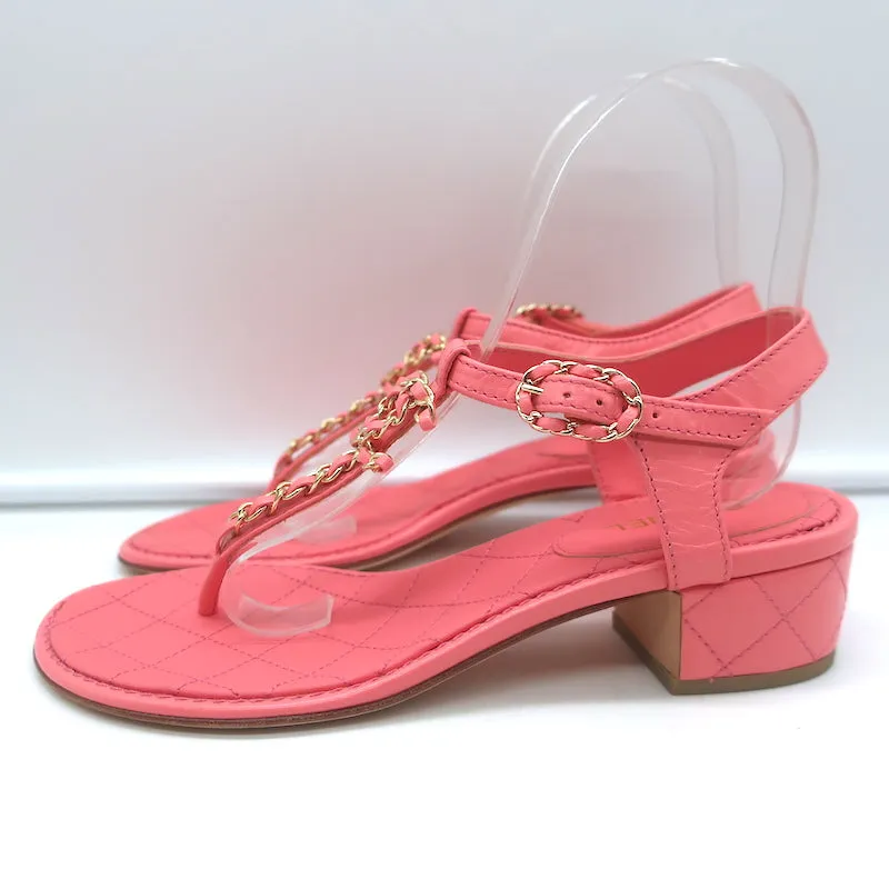 Chanel CC Chain Link T-Strap Sandals Pink Quilted Leather Size 36 NEW