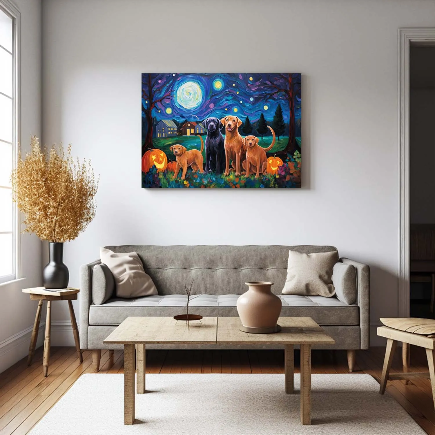 Chesapeake Bay Retrievers Dog Halloween With Pumpkin Oil Painting Van Goh Style, Wooden Canvas Prints Wall Art Painting , Canvas 3d Art