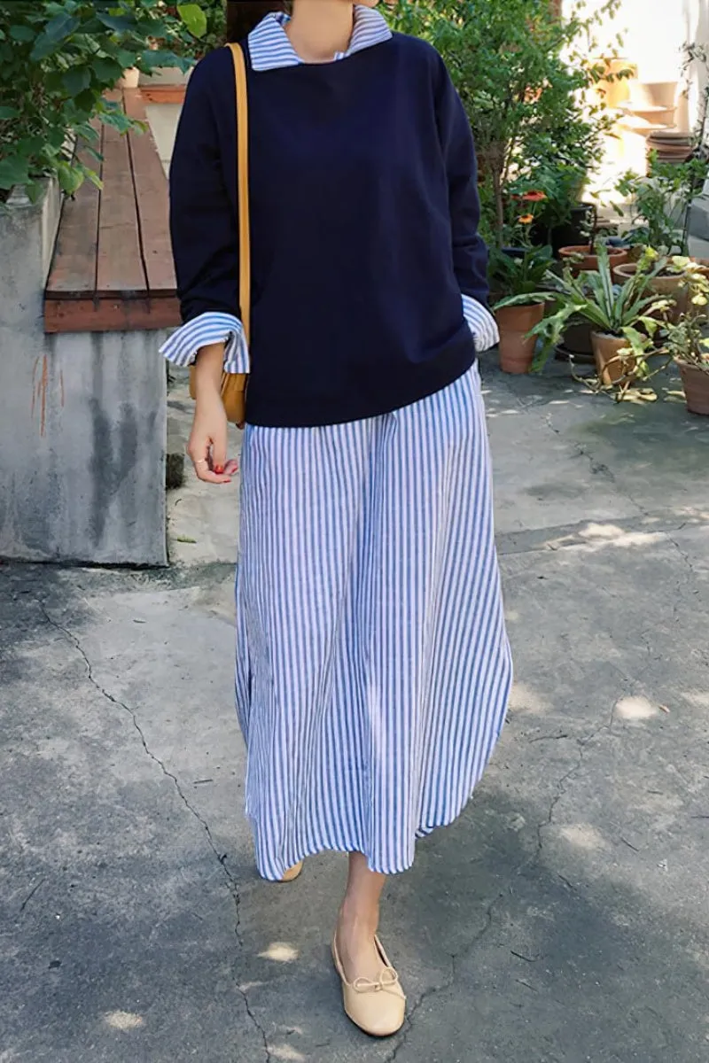 Chouyatou Women Casual Long Sleeve V Neck Striped Shift Dress Loose Long Maxi Cotton Shirt Dress with Pocket
