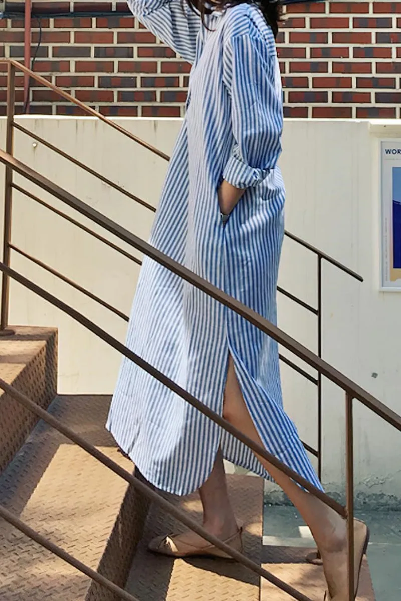 Chouyatou Women Casual Long Sleeve V Neck Striped Shift Dress Loose Long Maxi Cotton Shirt Dress with Pocket