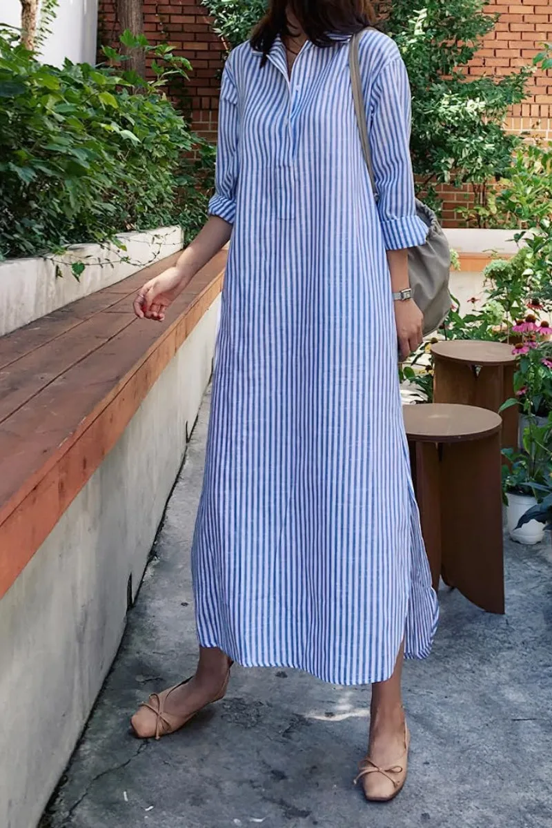 Chouyatou Women Casual Long Sleeve V Neck Striped Shift Dress Loose Long Maxi Cotton Shirt Dress with Pocket