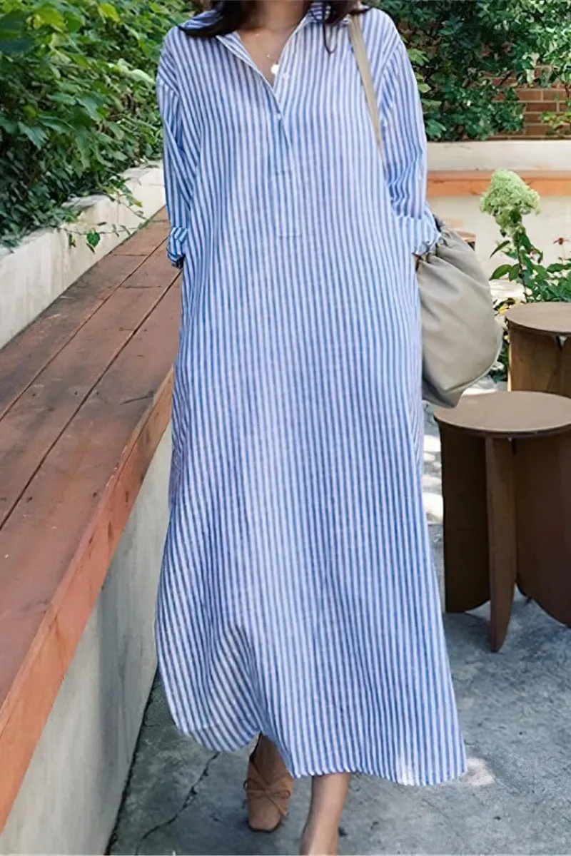 Chouyatou Women Casual Long Sleeve V Neck Striped Shift Dress Loose Long Maxi Cotton Shirt Dress with Pocket