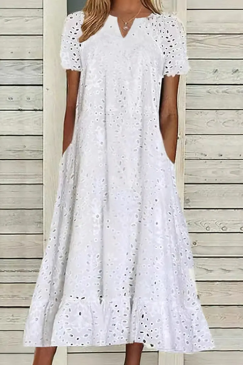 Chouyatou Women Summer Ruffle Hem Floral Lace Eyelet Dress Casual Notch Neck Midi Tunic Dress with Pocket