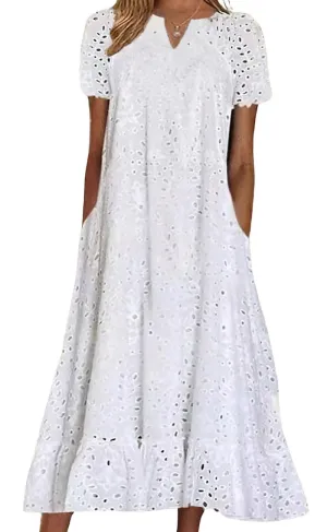 Chouyatou Women Summer Ruffle Hem Floral Lace Eyelet Dress Casual Notch Neck Midi Tunic Dress with Pocket