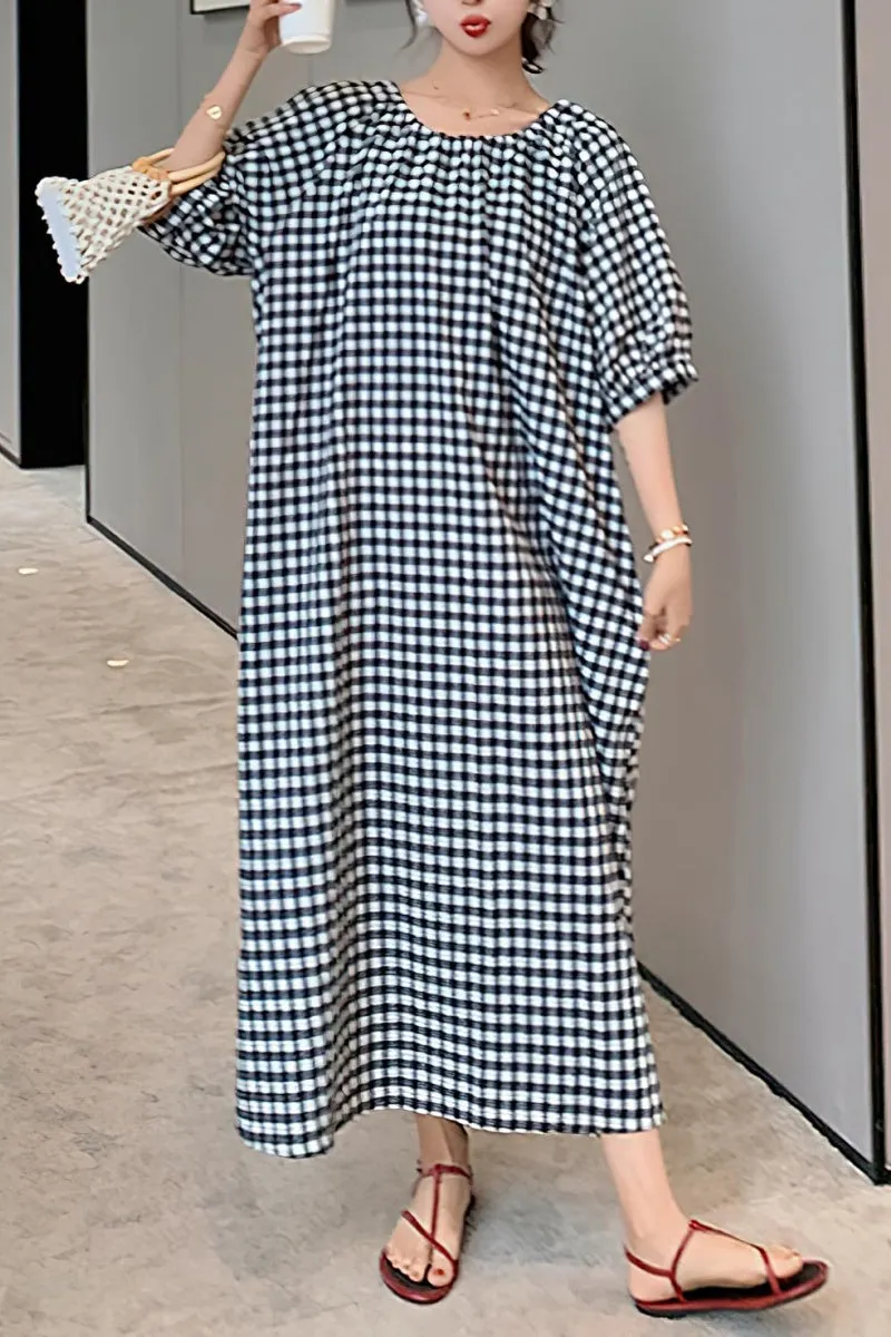 Chouyatou Women's Casual Gingham Loose-Fit Swing Dress Cotton Linen Lantern Puff Sleeve Plaid Maxi Dress