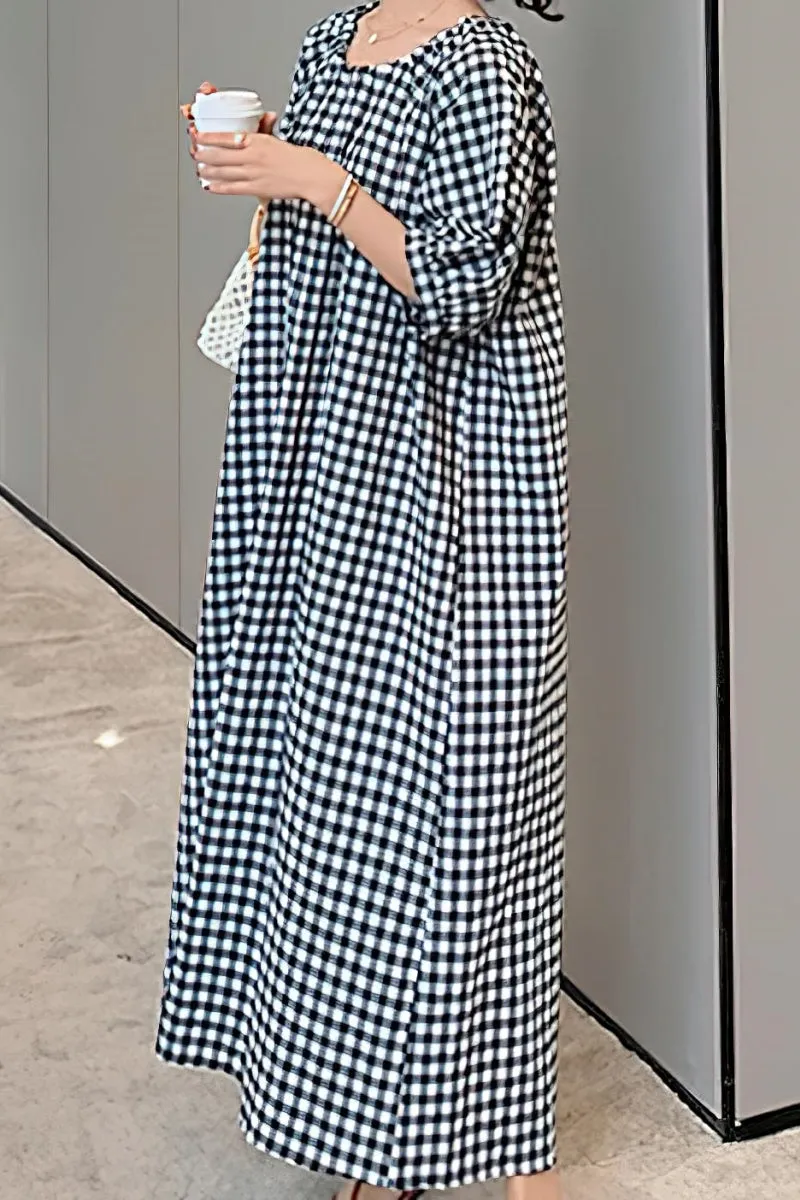 Chouyatou Women's Casual Gingham Loose-Fit Swing Dress Cotton Linen Lantern Puff Sleeve Plaid Maxi Dress