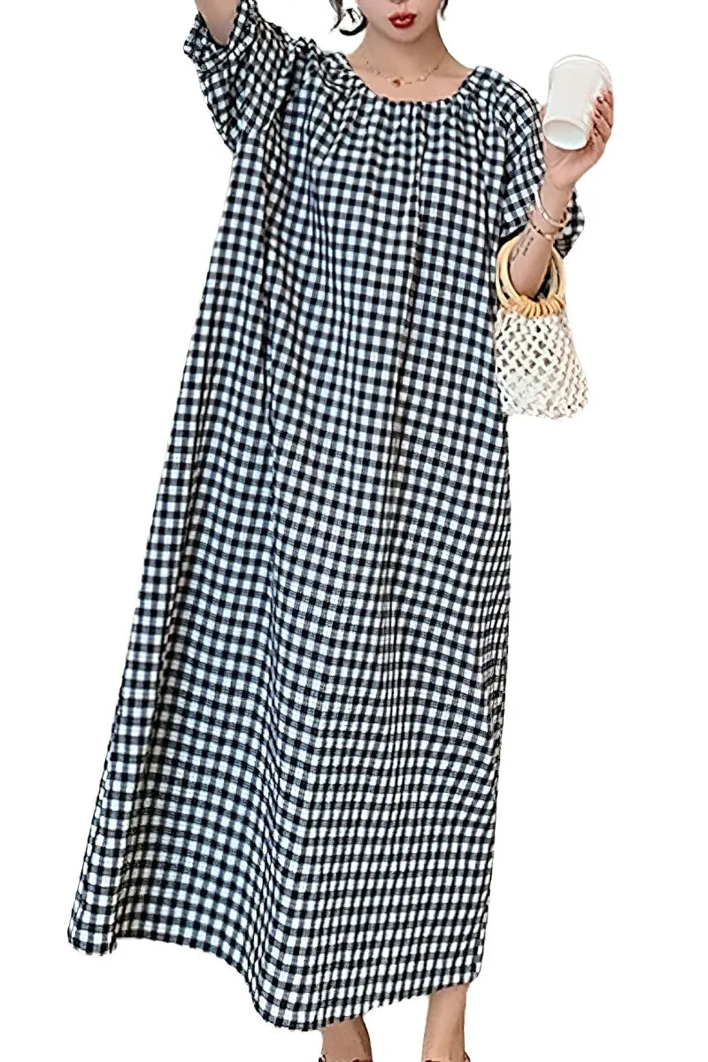 Chouyatou Women's Casual Gingham Loose-Fit Swing Dress Cotton Linen Lantern Puff Sleeve Plaid Maxi Dress