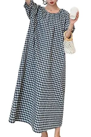 Chouyatou Women's Casual Gingham Loose-Fit Swing Dress Cotton Linen Lantern Puff Sleeve Plaid Maxi Dress