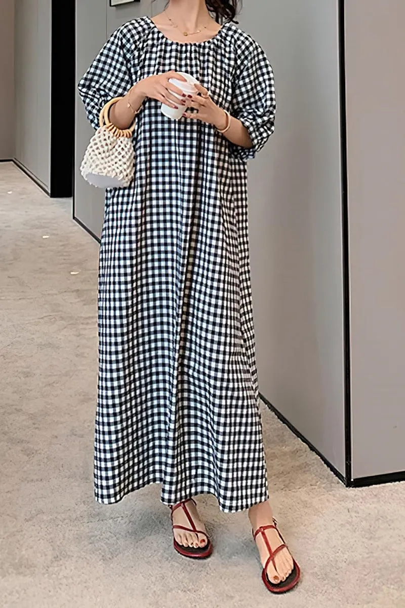 Chouyatou Women's Casual Gingham Loose-Fit Swing Dress Cotton Linen Lantern Puff Sleeve Plaid Maxi Dress