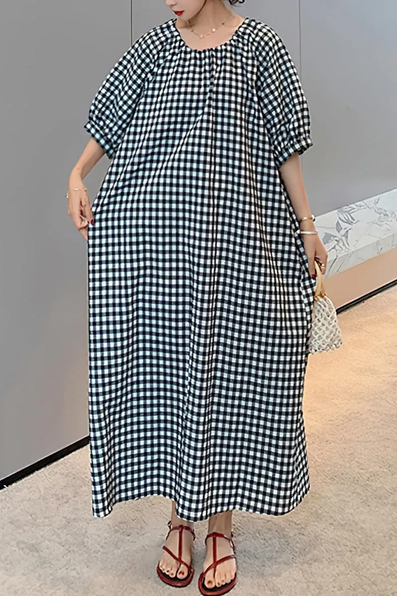 Chouyatou Women's Casual Gingham Loose-Fit Swing Dress Cotton Linen Lantern Puff Sleeve Plaid Maxi Dress