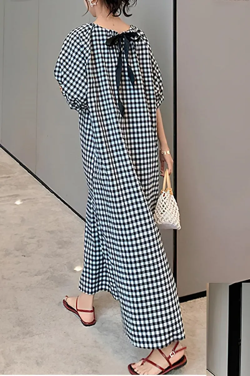 Chouyatou Women's Casual Gingham Loose-Fit Swing Dress Cotton Linen Lantern Puff Sleeve Plaid Maxi Dress