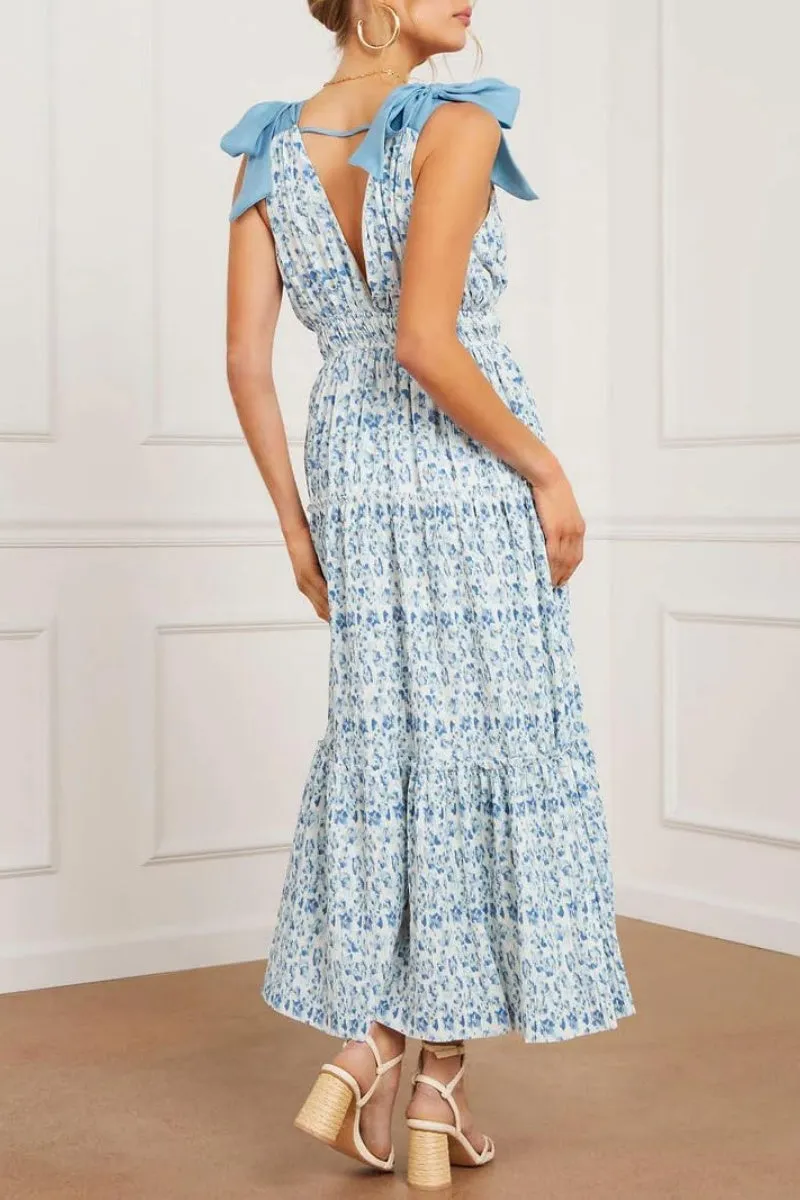 Chouyatou Women's Summer Boho Floral Print Dress Tie Knot Strap V-Neck Swing Maxi Beach Dress