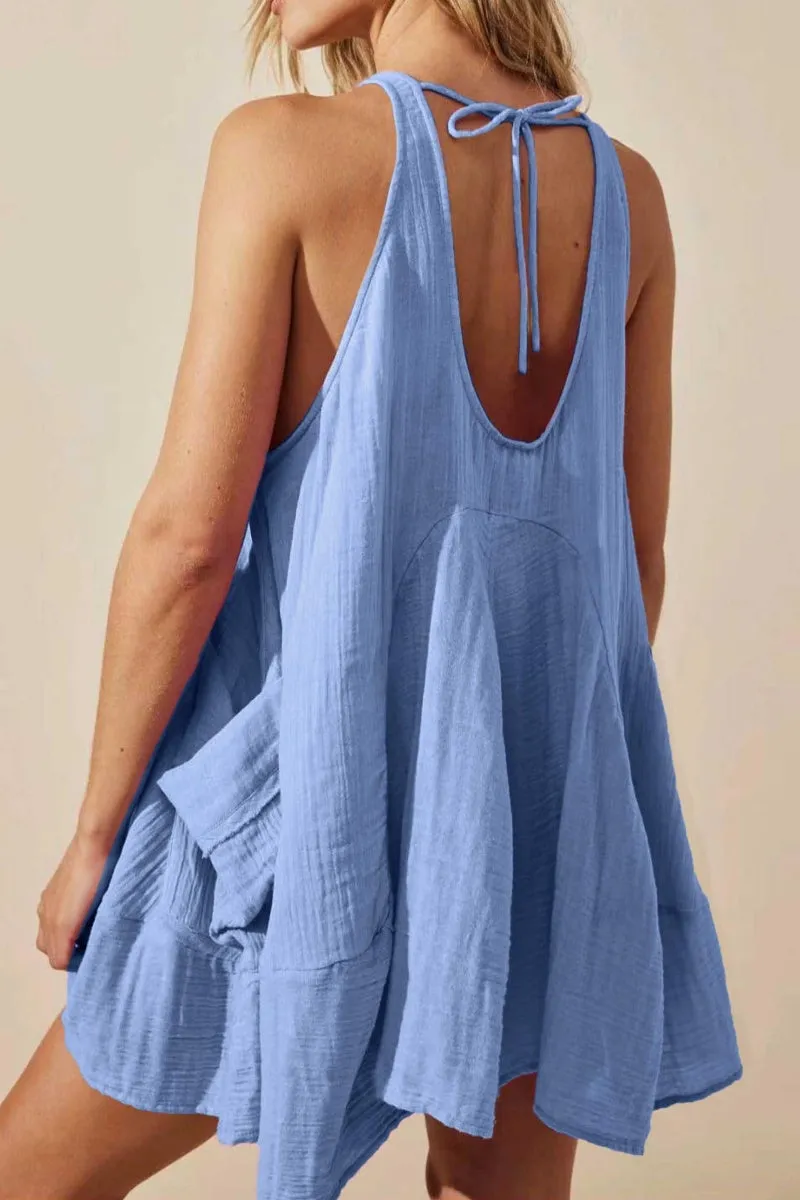 Chouyatou Womens Summer Sleeveless Mini Dress U Neck Backless Flowy Short Dress Casual Beach Sundress with Pockets