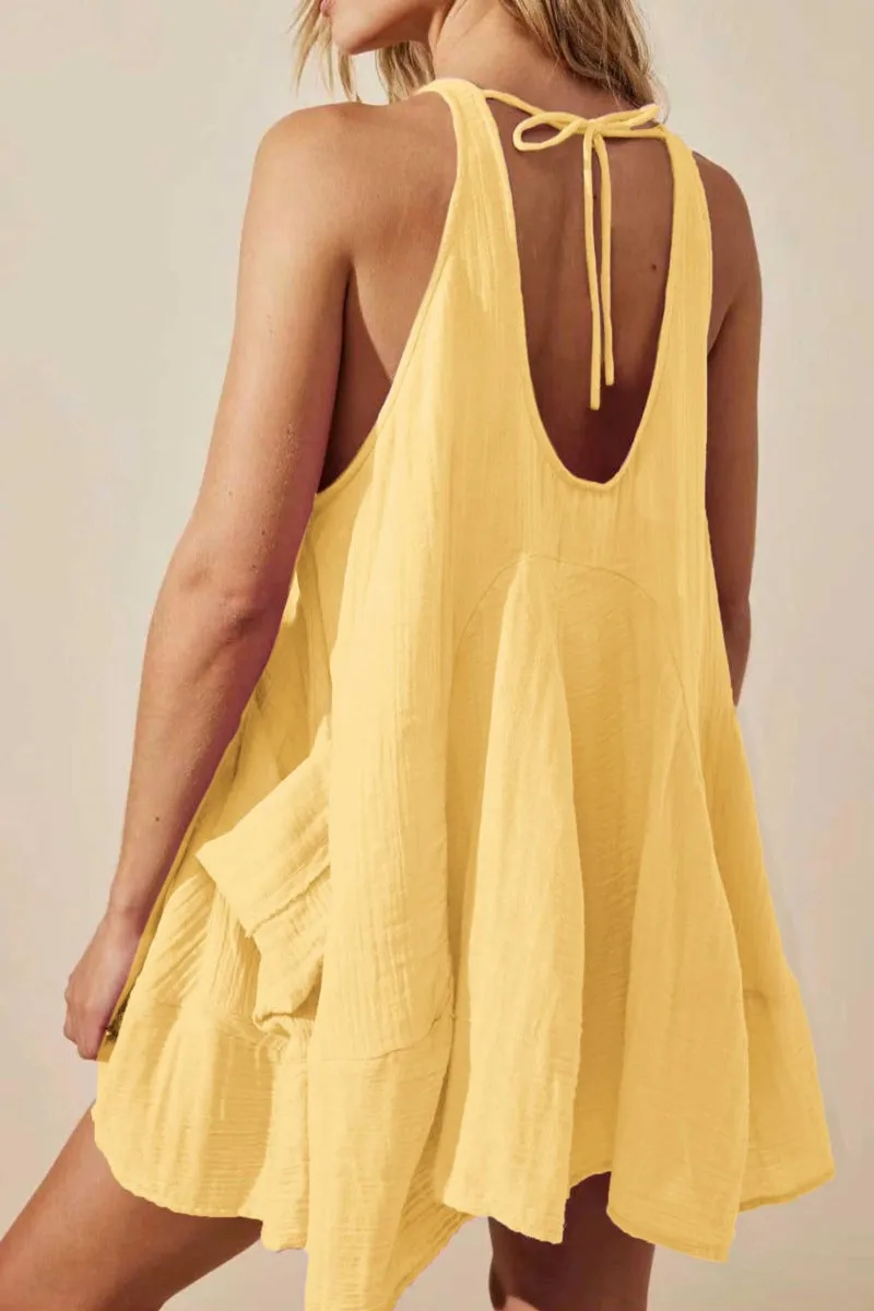 Chouyatou Womens Summer Sleeveless Mini Dress U Neck Backless Flowy Short Dress Casual Beach Sundress with Pockets