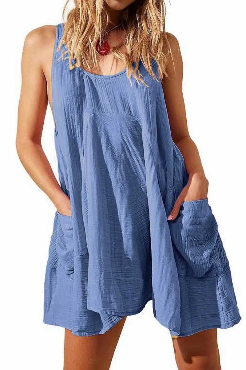 Chouyatou Womens Summer Sleeveless Mini Dress U Neck Backless Flowy Short Dress Casual Beach Sundress with Pockets
