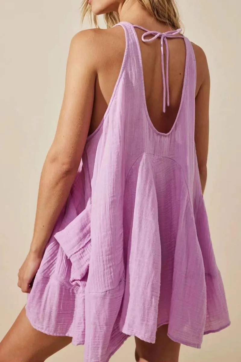 Chouyatou Womens Summer Sleeveless Mini Dress U Neck Backless Flowy Short Dress Casual Beach Sundress with Pockets