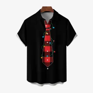 Christmas Check Lights Tie Print Casual Short Sleeve Shirt 2412004841