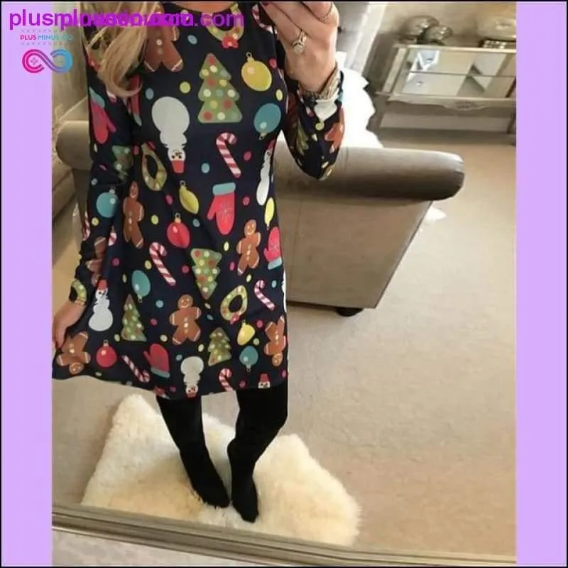 Christmas Printed Long Sleeved Loose Casual Dresses with