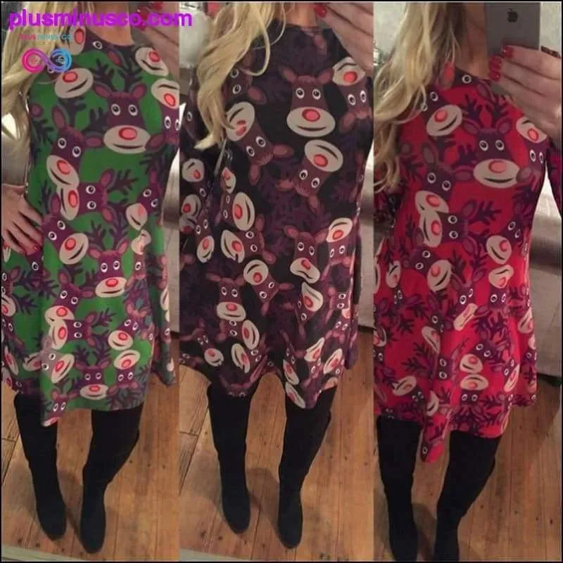 Christmas Printed Long Sleeved Loose Casual Dresses with