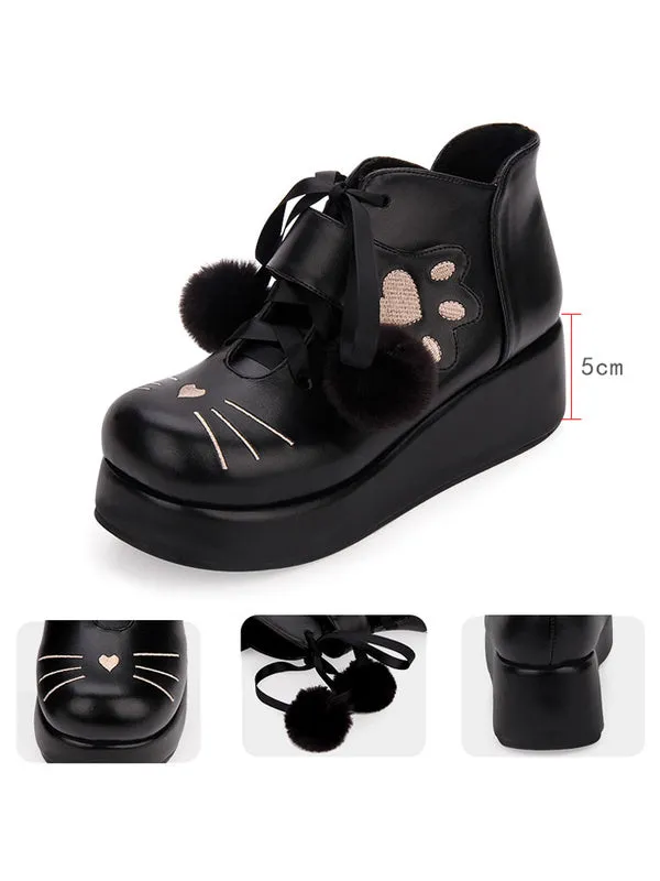 Classic Lolita Bootie Pom Pom Lace Up Embroidery PU Black Lolita Shoes