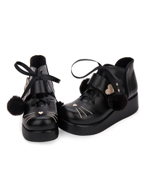 Classic Lolita Bootie Pom Pom Lace Up Embroidery PU Black Lolita Shoes
