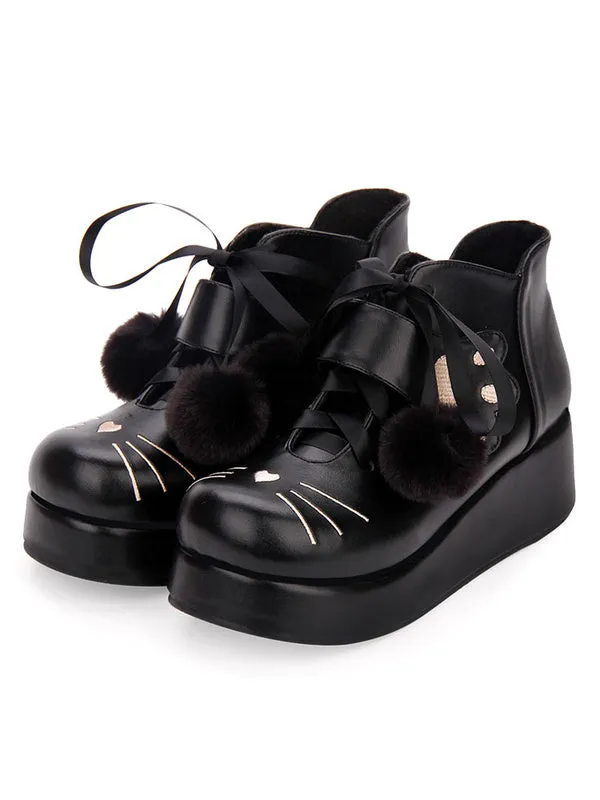 Classic Lolita Bootie Pom Pom Lace Up Embroidery PU Black Lolita Shoes