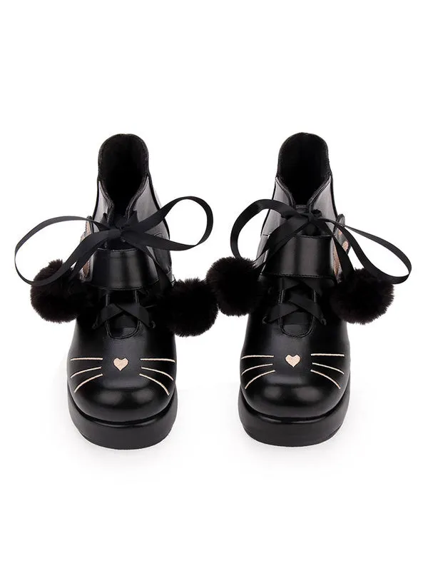Classic Lolita Bootie Pom Pom Lace Up Embroidery PU Black Lolita Shoes