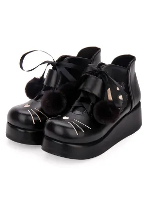 Classic Lolita Bootie Pom Pom Lace Up Embroidery PU Black Lolita Shoes