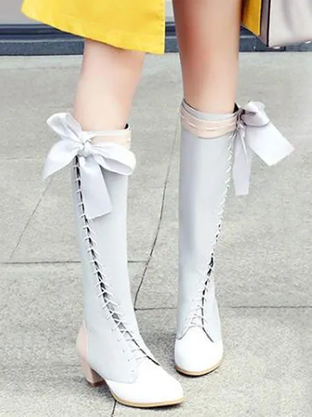 Classic Lolita Boots Bow Lace Up Two Tone PU Puppy Heel Lolita Shoes