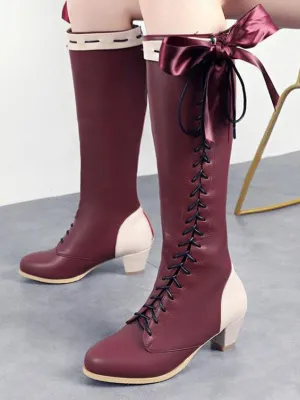 Classic Lolita Boots Bow Lace Up Two Tone PU Puppy Heel Lolita Shoes