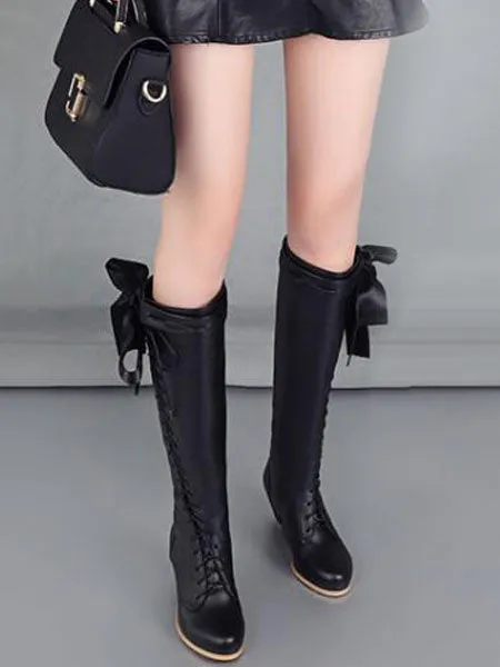 Classic Lolita Boots Bow Lace Up Two Tone PU Puppy Heel Lolita Shoes