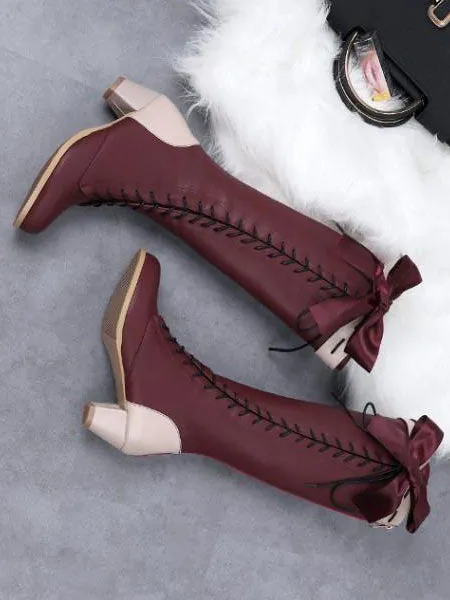 Classic Lolita Boots Bow Lace Up Two Tone PU Puppy Heel Lolita Shoes
