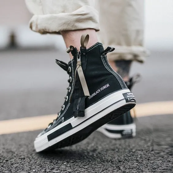 Couples Side Zipper Hip Top Canvas Shoes - Black