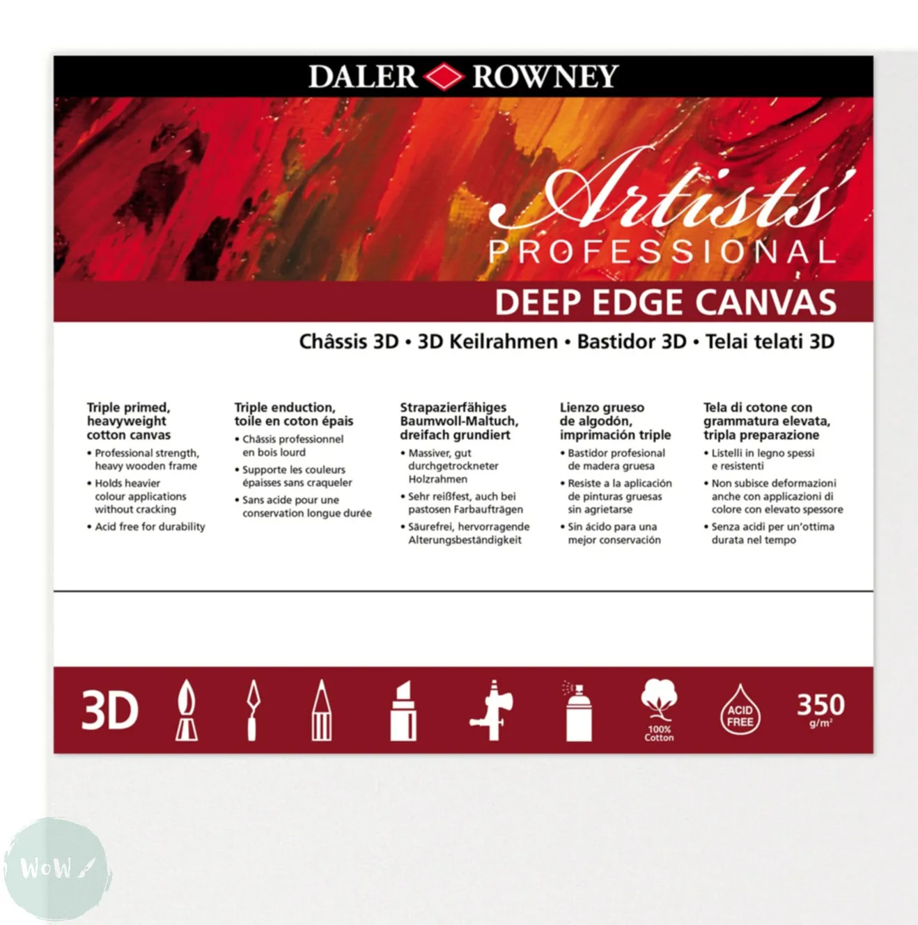DEEP EDGE White Primed Stretched 100% Cotton Canvas – Daler Rowney -  ARTISTS 3D - 60 x 90cm (Approx. 24 x 36”)
