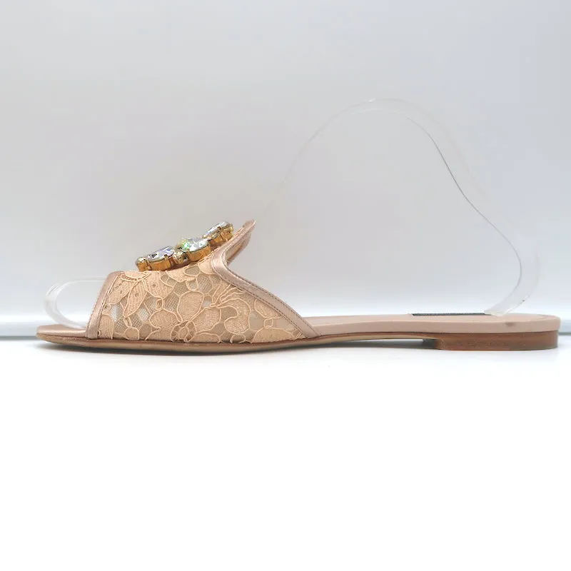 Dolce & Gabbana Brooch Slides Blush Lace & Satin Size 41 Open Toe Sandals