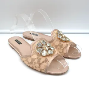 Dolce & Gabbana Brooch Slides Blush Lace & Satin Size 41 Open Toe Sandals