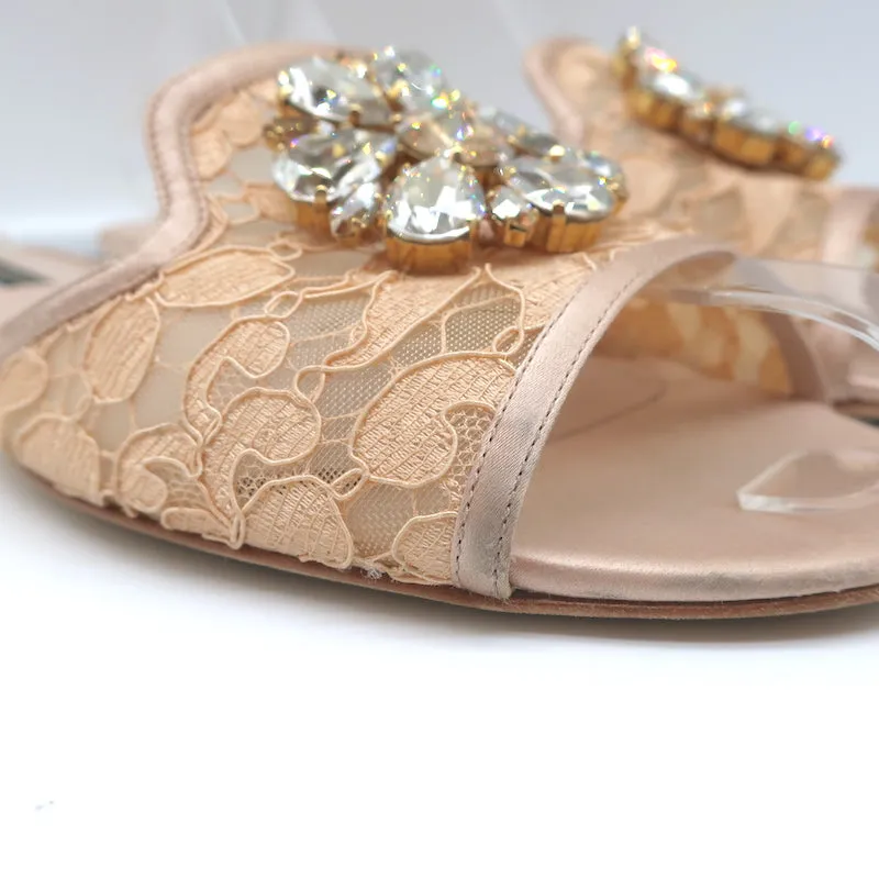 Dolce & Gabbana Brooch Slides Blush Lace & Satin Size 41 Open Toe Sandals