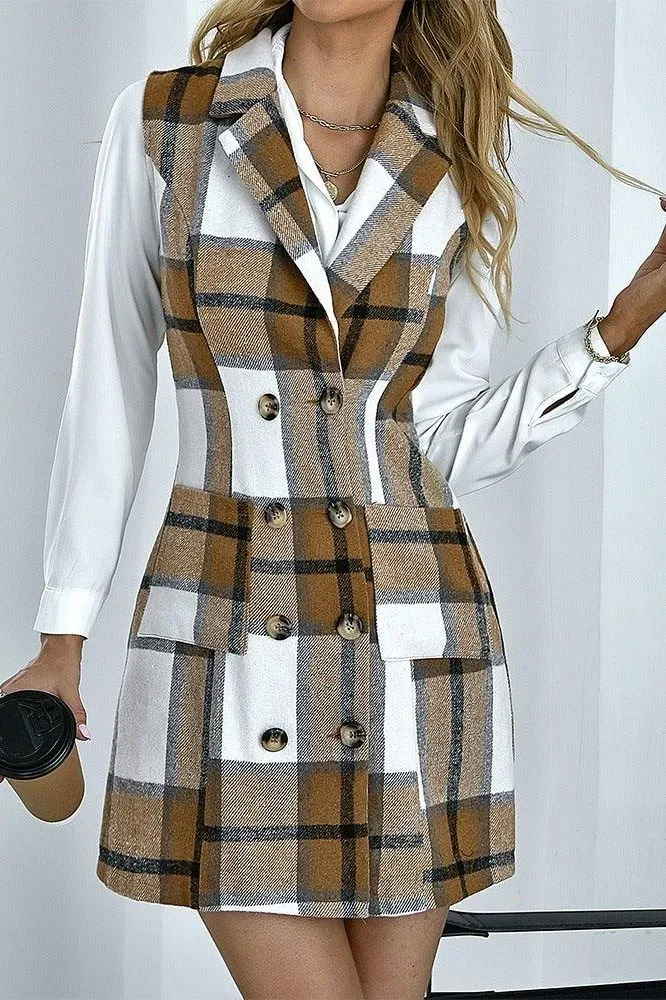 Double-breasted sleeveless slim-fit cardigan plaid dress